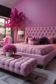 a bedroom with pink walls and purple furniture