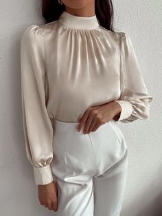 Formal Blouses, Stand Collar Blouse, Classy Blouses, Satin Bluse, Women Blouses Fashion, Blouse Designs Silk, Pretty Blouses, Satin Blouses, Elegant Blouses