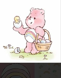 a drawing of a pink teddy bear holding an egg in a basket and another photo of the same animal