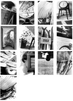 black and white photograph of various objects in the same collage with words on them