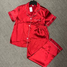 Brand New Red Silk Satin Pajamas. Size Small. Machine Washable. Short Sleeve Top And Long Pants With Elastic Waist. White Trim. 95% Polyester 5% Silk Satin Spandex. Red Lounging Sets For Summer, Red Short Sleeve Sets For Pajama Party, Red Short Sleeve Pajama Party Set, Red Short Sleeve Sleepwear For Pajama Party, Red Short Sleeve Sleepwear For Bedtime, Red Short Sleeve Sleepwear For Sleepover, Yellow Pajamas, Satin Pajama Set, Pyjama Satin