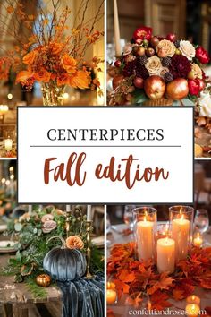 the centerpieces for an autumn wedding are arranged with candles, flowers and pumpkins