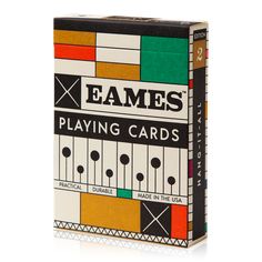 a playing card box with the words eames printed on it's front and sides