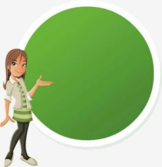 a cartoon girl pointing to the right with her hand out and green circle in the background