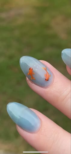 Gold Fish Nail Art, Novelty Nail Designs, Animal Nails Cute, Fishbowl Nails, Complicated Nail Art, Pond Nail Art, Nails With Fish Design, Easy Summer Gel Nails, Egg Nails Design