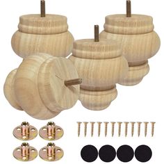 wooden knobs and screws are shown in this image with the hardware needed to attach them