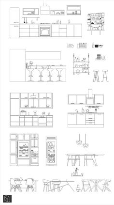 an architectural drawing of various kitchen furniture and accessories, including cabinets, counter tops, tables, stools