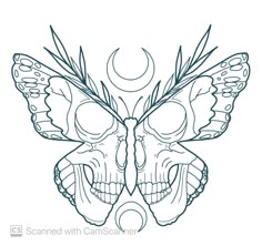 a drawing of a butterfly with two skulls on it's wings and the moon in the background