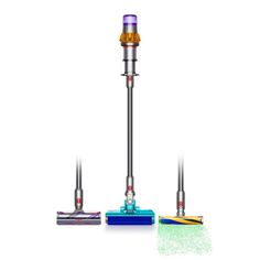 three different types of vacuums and mops on a white background, one is blue the other is red