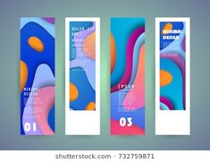 three vertical banners with abstract shapes and numbers on the bottom one is blue, pink, orange