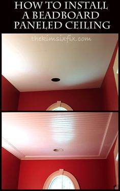 the ceiling is painted red and there are two pictures of the room with the light coming in