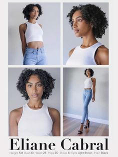 a woman in white shirt and jeans standing next to a wall with four different pictures