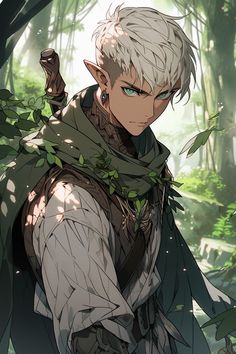 an anime character with white hair and green eyes standing in front of some trees,