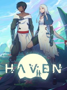 two people standing next to each other with the word haven on it in front of them