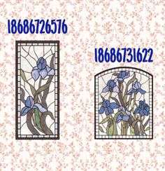 two stained glass windows with blue flowers on them and numbers in the bottom right corner