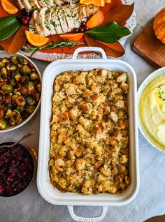 an assortment of thanksgiving foods on a table