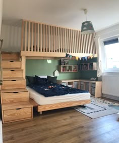 a bedroom with a loft bed and wooden stairs