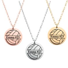 three personalized volleyball necklaces with names on them