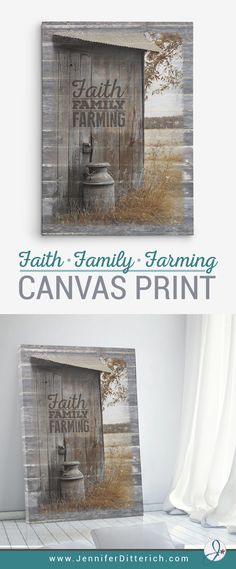 an old door with the words, faith family farming canvas print on it in green and white