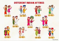 Different Indian attires/dress codes Traditional Dress Of Indian States, Indian States Traditional Dress, Cultural Day Outfits Traditional Dresses, Indian Attire Traditional, Indian Culture Art Drawing, Space Vocabulary, India Traditional Dress, Diwali Painting, Hot Air Balloon Clipart