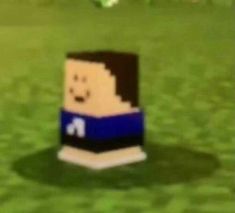 an animated image of a man in a blue shirt on a soccer field with other players behind him