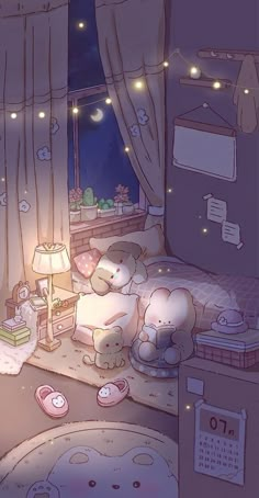 a cartoon bedroom with teddy bears on the bed and other items in the room around it