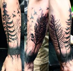 this is an image of a man's arm with trees and birds on it