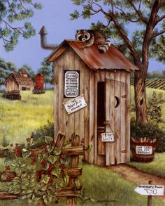 a painting of a wooden outhouse with a raccoon sitting on the roof