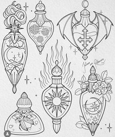 an ink drawing of different ornaments and designs for tattoos or other things to draw on paper