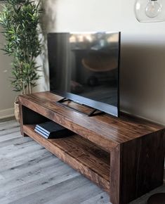 a flat screen tv sitting on top of a wooden entertainment center next to a potted plant