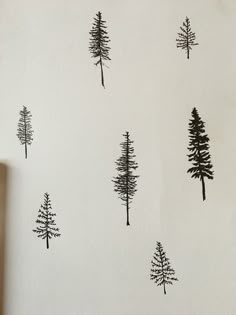 several black and white trees drawn on paper