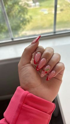 Summer nails cherry red Cherries Nails Acrylic, 3d Cherries Nails, Cherry Acrylic Nails Almond, Nails For Any Occasion, Glitter Cherry Nails, Cute Nails Cherry, Red French Cherry Nails, Red French Tip Nails With Cherries, Red French Tips With Gems