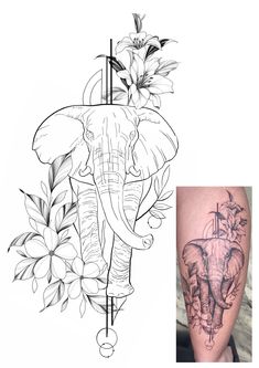 an elephant and flowers tattoo design on the left side of the thigh, next to a drawing of an elephant's head