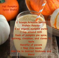 pumpkin spiced smoothie recipe in a glass with orange and white pumpkins behind it