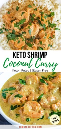 keto shrimp coconut curry in a bowl with rice and garnish