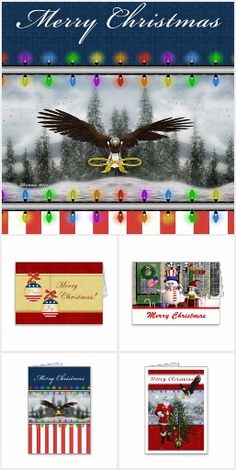 a christmas card with an eagle on the front and two holiday cards in the back