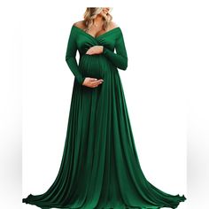 Green Maternity Photo Shoot Long Gown. New Without Tags. Size Xl Green Long Sleeve Maternity Dress, Maternity Floor-length Gown With Sweep Train, Fitted V-neck Maternity Gown, Nursing-friendly Green Maternity Dress, Green V-neck Maternity Dress, Maternity Photo Shoot, Long Gown, Pregnancy Photoshoot, Pregnancy Photos