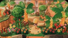 an animal crossing through a lush green forest filled with flowers and palm trees on a sunny day