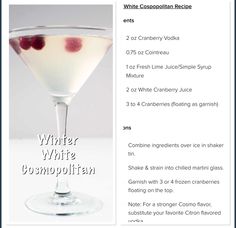 a recipe for white wine with cranberries in a martini glass on a table