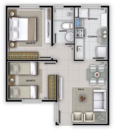 two bedroom apartment floor plan with living room and dining area on the first level, top view