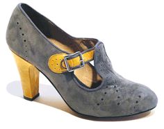 Remix Vintage Shoes, Clouche T-Strap Bootie Heel in Gray Suede/Yellow Patent