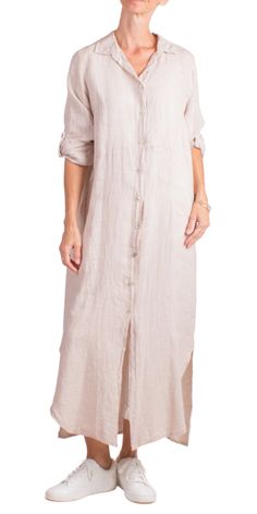 Long Button Down Collared Linen Dress with Cuffed Sleeves. May Be Worn As a Dress Or a Long Jacket. 100% Linen Made in Italy One Size Model 5'8" Nude Outfits, Black Linen Dress, Long Jacket, A Name, Linen Dress, A Dress, Cuff Sleeves, Timeless Fashion, Womens Shirts