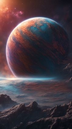 an artist's rendering of a planet in the distance with mountains and rocks around it