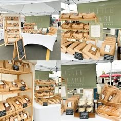 several different pictures of bread on display at an outdoor farmers market with price tags hanging from them