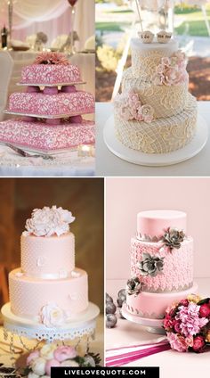 four different wedding cakes with flowers and ribbons on the top one is pink, the other is white