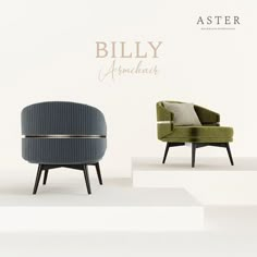 two chairs sitting next to each other in front of a white wall with the words, billy