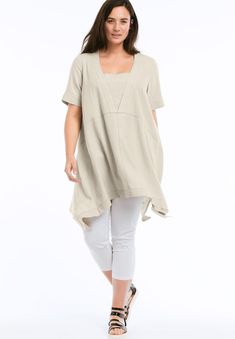 Linen-blend tunic in an A-line silhouette with deep V-neckline and attached inset. Short sleeves with self cuffs. Curved empire seam. Pointed hem with side Hanky Hem, Plus Size Summer, Tunic Sweater, Linen Women, Plus Size Tops, Linen Blend, Plus Size Outfits, Fitness Fashion, Sweater Top