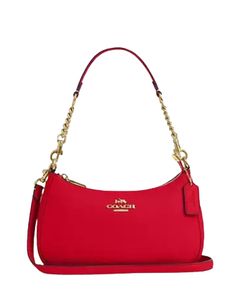 Refined pebble leatherInside multifunction pocketZip-top closure, fabric liningDetachable handle with 8 1/2" dropDetachable strap with 22 3/4" drop for shoulder or crossbody wear9 1/2" (L) x 6" (H) x 3" (W)Style No. CV934Color: Bold Red Coach Teri Shoulder Bag, Shoulder Bag Coach, Select Shop, Shoulder Bag, Red, Fabric