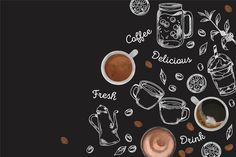 coffee and hot chocolate are arranged in the shape of a circle on a black background