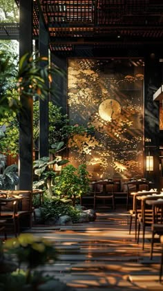 the interior of a restaurant with tables, chairs and plants on the wall behind it